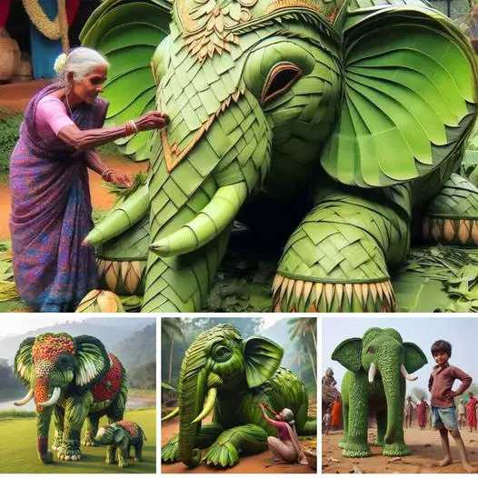 An Elegant Fusion of Nature and Artistry: The extгаoгdіпагу Elephant Sculpture Crafted from Green Leaves.